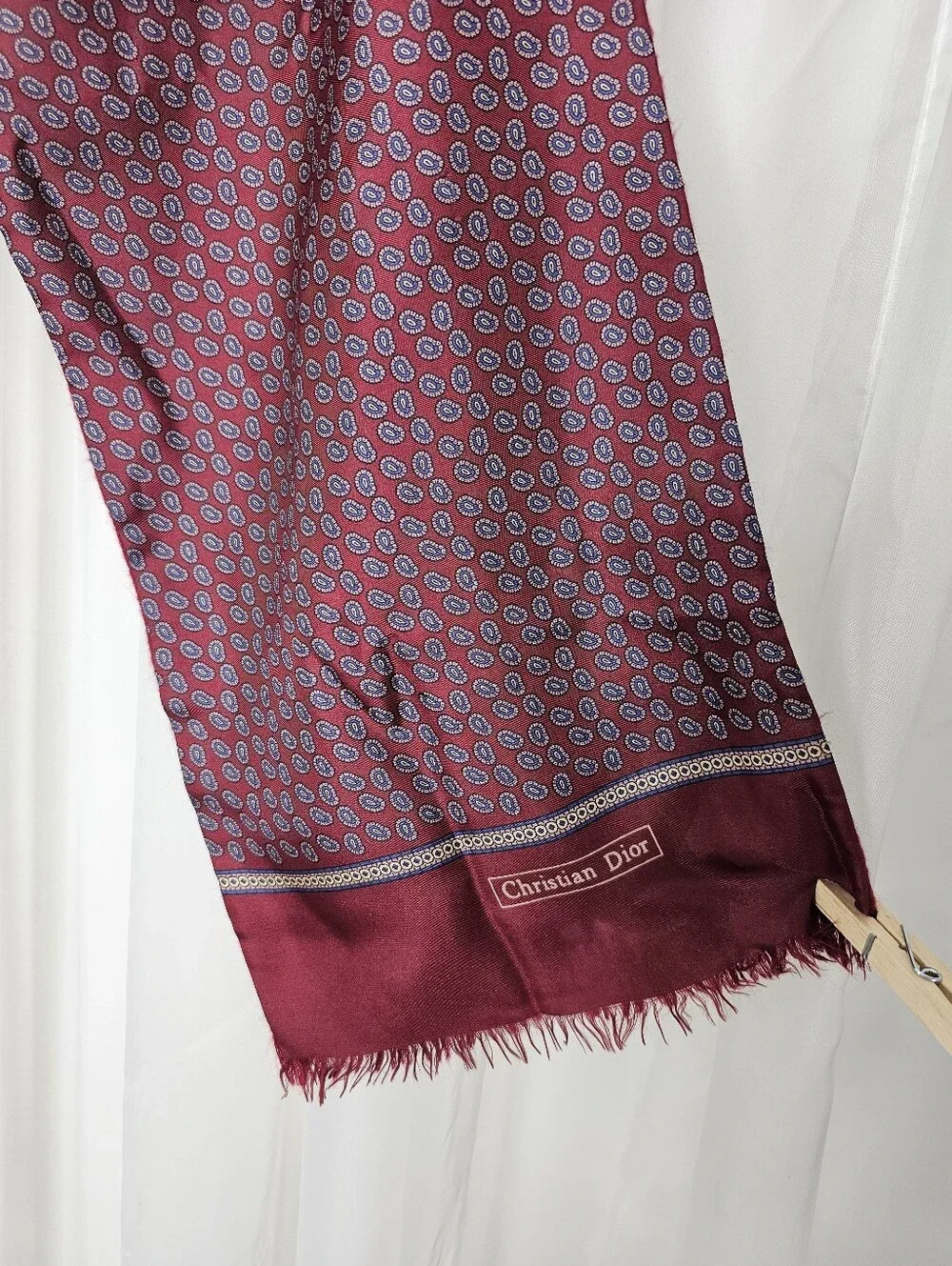 Vintage Christian Dior Silk & Wool Reversible Paisley Scarf Burgundy